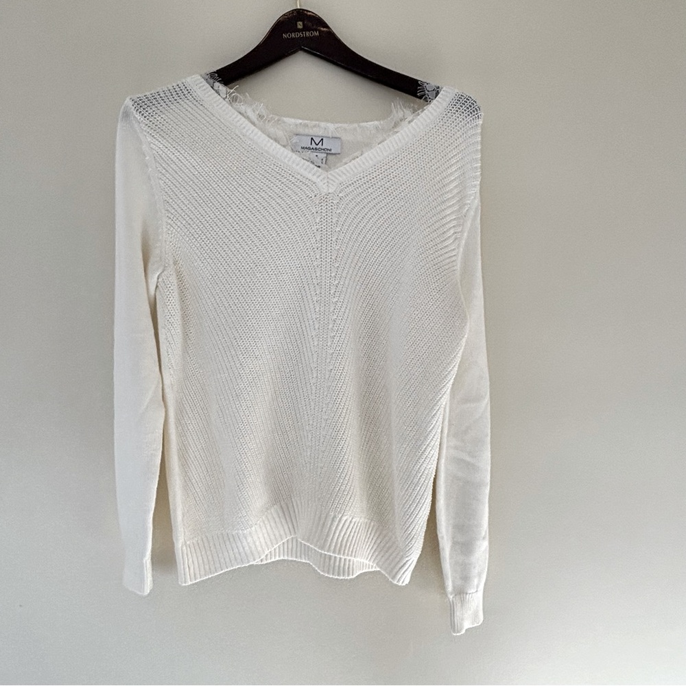 Magaschoni White Cotton Blend Sweater Pullover With Lace Trim Size S